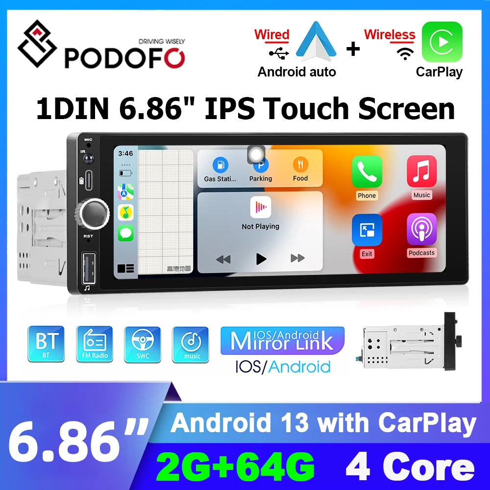 

Podofo 1 Din Car Radio Multimedia Playe Autoradio CarPlay 6.86 inch Wince Car Stereo Player for VW Nissan Toyota Honda