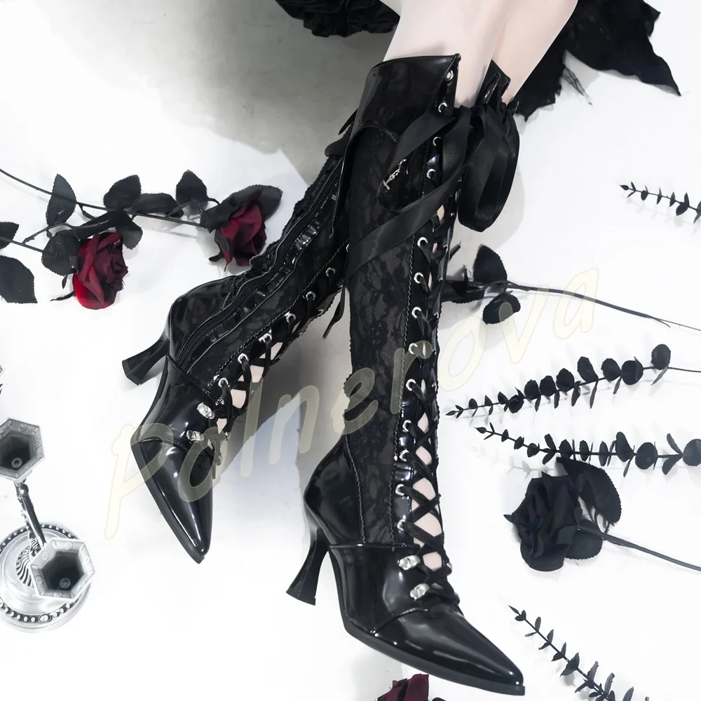 Lolita Lace Cutout Knee High Boots Pointed Toe Ribbon Lace Up Kitten Heel Shoes Gothic Sweet Side Zipper Women Mid Calf Boots