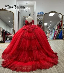 Appealing Red 15 Years Quinceanera Dresses Beads Crystal Lace Applique Bow Ruffles Ball Gown Birthday Party Dress Customized