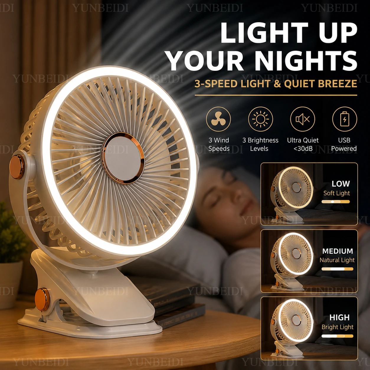 Clip on Fan Portable with LED Lights 3 Speed Adjustable Wind Speed Equipped Silent Desktop Fan Home Bedroom Camping Fan