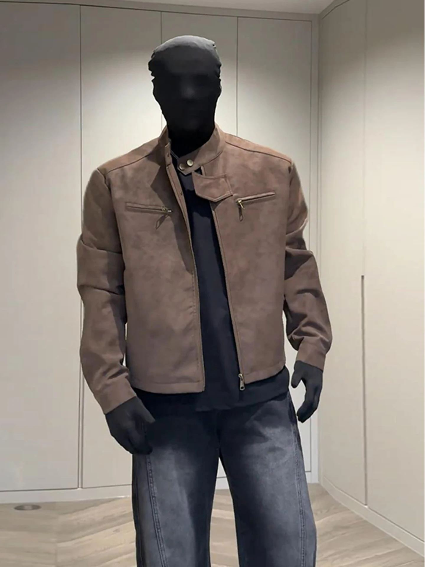 

Cé Brown ort PU Leather Jaet Men's Autumn High-End Sense Cool Amber Glow American Stand Collar Zipper Decorated Outerwear