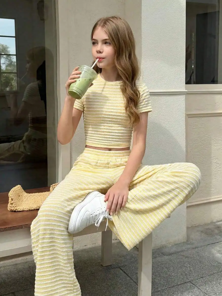 

Yellow White Striped Ribbed Crop Top And Wide Leg Pants Two Piece Set Casual Summer Outfit