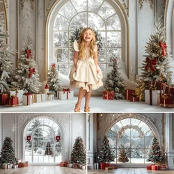 Christmas Backdrop Christmas Tree Garlands Gift White Arched Window Snow-covered Mountain View Background Photo Studio Photocall