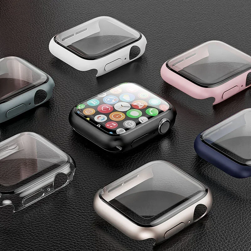 Tempered Glass+cover For Apple Watch Case 45mm 44mm 42mm 41mm 38-40mm PC bumper Screen Protector iWatch series 9 8 7 se 6 4 5 3