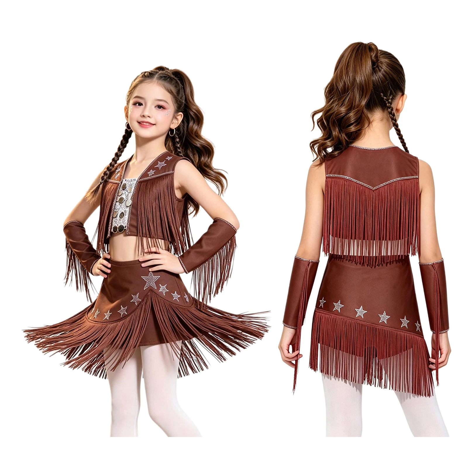 Kids Girls Halloween Carnival Western Cowgirl Costume Tassel Sequin Rhinestone Jazz Dance Crop Tops with Culottes Oversleeve Set