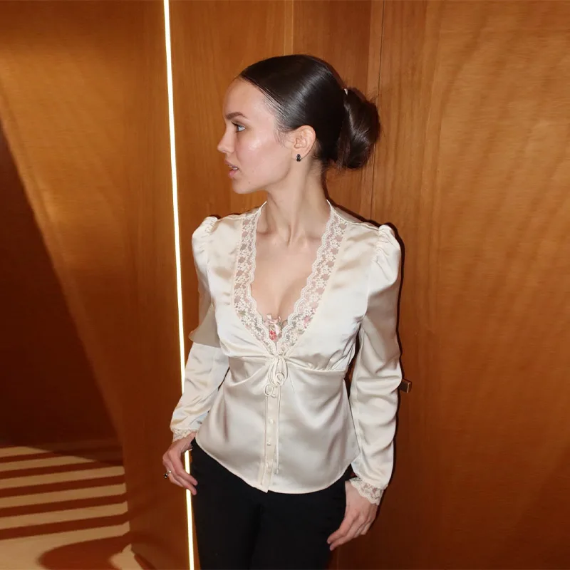 Vintage Lace Trim Satin Blouse Women Romantic Solid Puff Sleeve Lace Up Deep V-neck Single Breasted Shirt Female Daily Club Tops