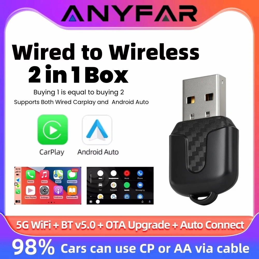 ANYFAR 2 in 1 Wired to Wireless CarPlay Android Auto Adapter for OEM Car Stereo With USB Dongle Mini Box Plug and Play Bluetooth