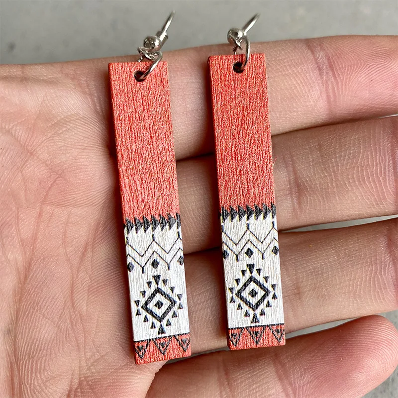 Simple Wooden Jewelry Aztec Print Pattern Earrings European Popular Rectangular Wooden Earrings