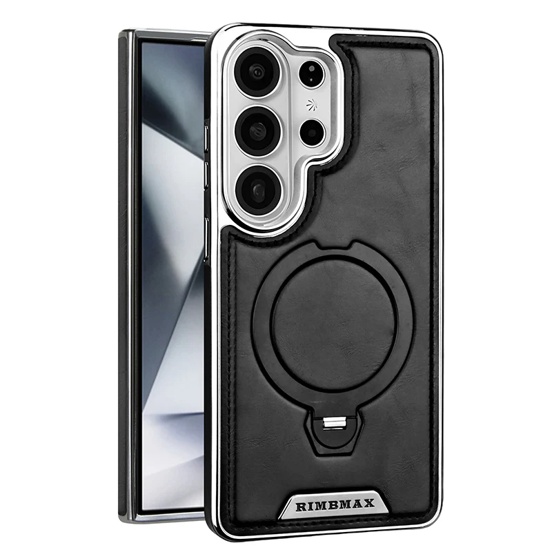 Magnetic Rotating Bracket Leather Case，For Samsung Galaxy  S26 S25 S24 S23 Ultra S24 Plus Wireless Charging Plating Phone Cover