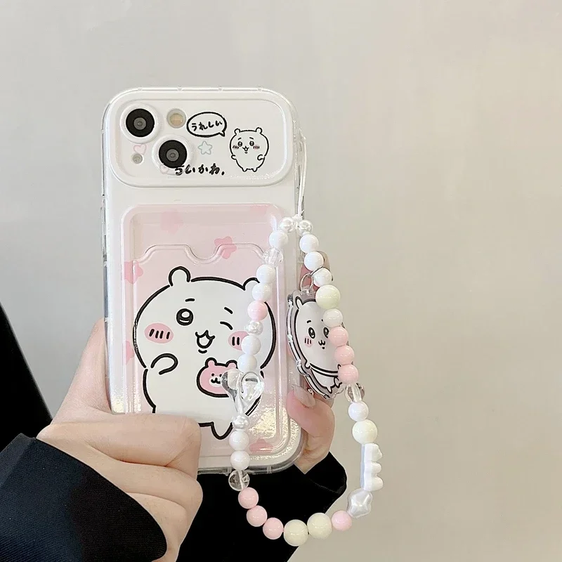 Cute Cartoon Japan Anime Sanrio Chiikawa Card Wallet Pocket Phone Case per iPhone 16 15 14 13 12 11 Pro Max Cover con cordino