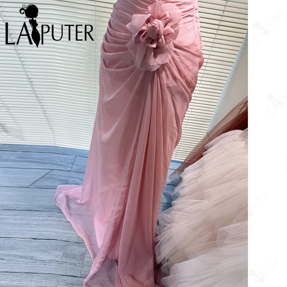 الوردي فساتين حفلة موسيقية حورية البحر الرسن Ruched صد ثوب مسائي الوردي 3D الزهور الجنية الفتيات لطيف اللباس الرسمي