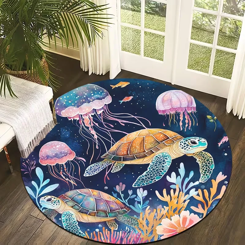 Vibrant Underwater Sea Turtle Jellyfish Coral Round Rug Dark Ocean Background Soft Non Slip Circular Carpet Bedroom Decor