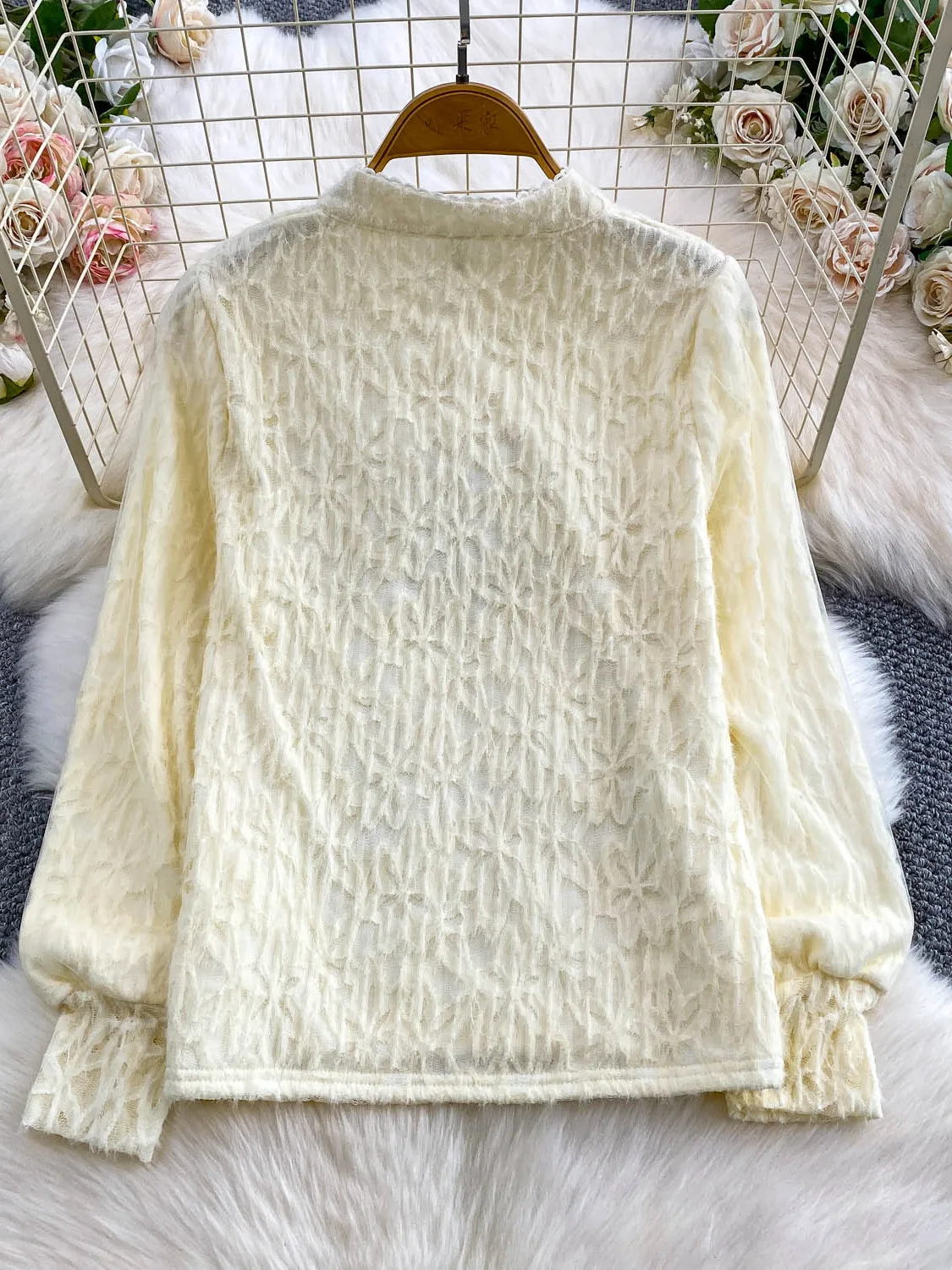 Rétro Sle boutonné col montant dentelle irt femmes automne hiver ample minceur gland couche de Base haut