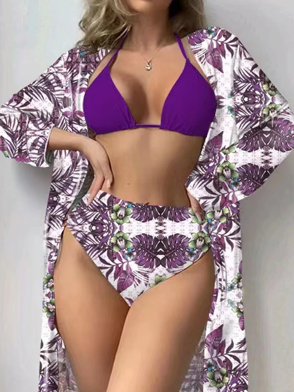 Lace Up Bikinis & Cover Up Long Sleeve Swimwear 2024 Women 3-Piece Print Swimsuit Summer Beach Bathing Suit Female Swimming Wear