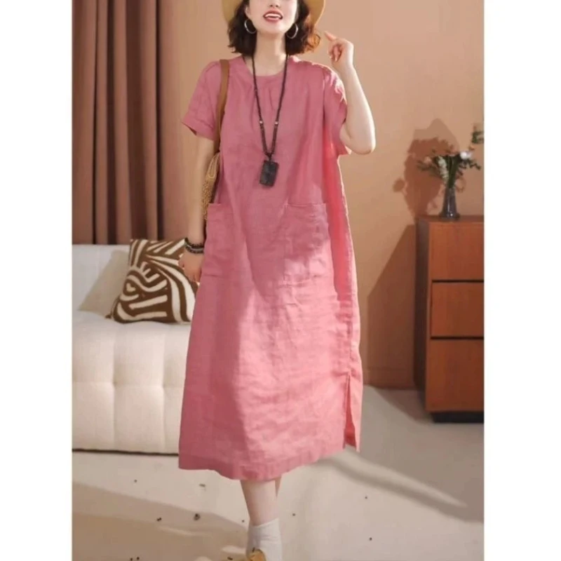 

Simple Pink Loose Fit Dress With Pockets Casual Style For Women Summer Wear