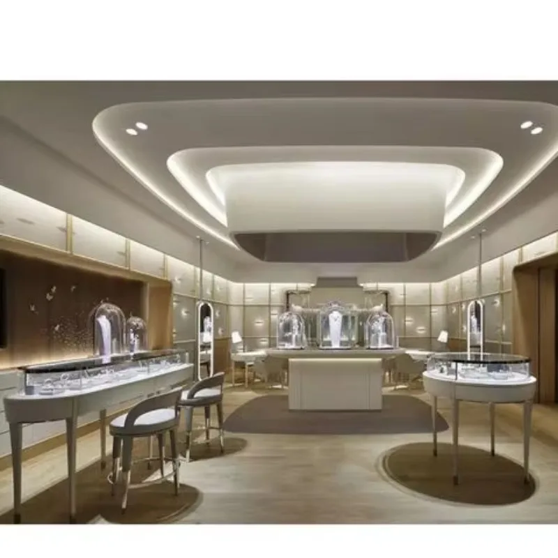 Custom.High Quality Customizable L-Shaped Plywood Counter Display Rack White LED Lighting Showcase Cabinet for Jewelry  for Show