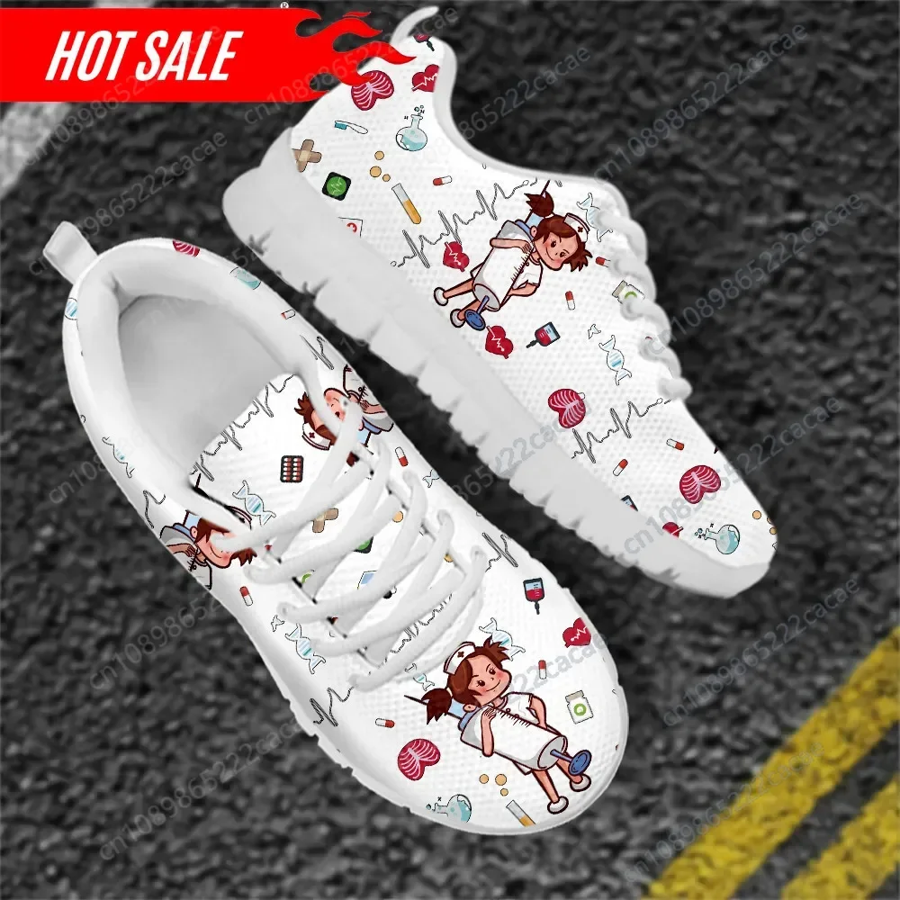 

Women Lace Up Nurse Shoes Syringe Medical Heartbeat Pattern Female Casual Mesh Flats Sneaker Girls Zapatillas Mujer