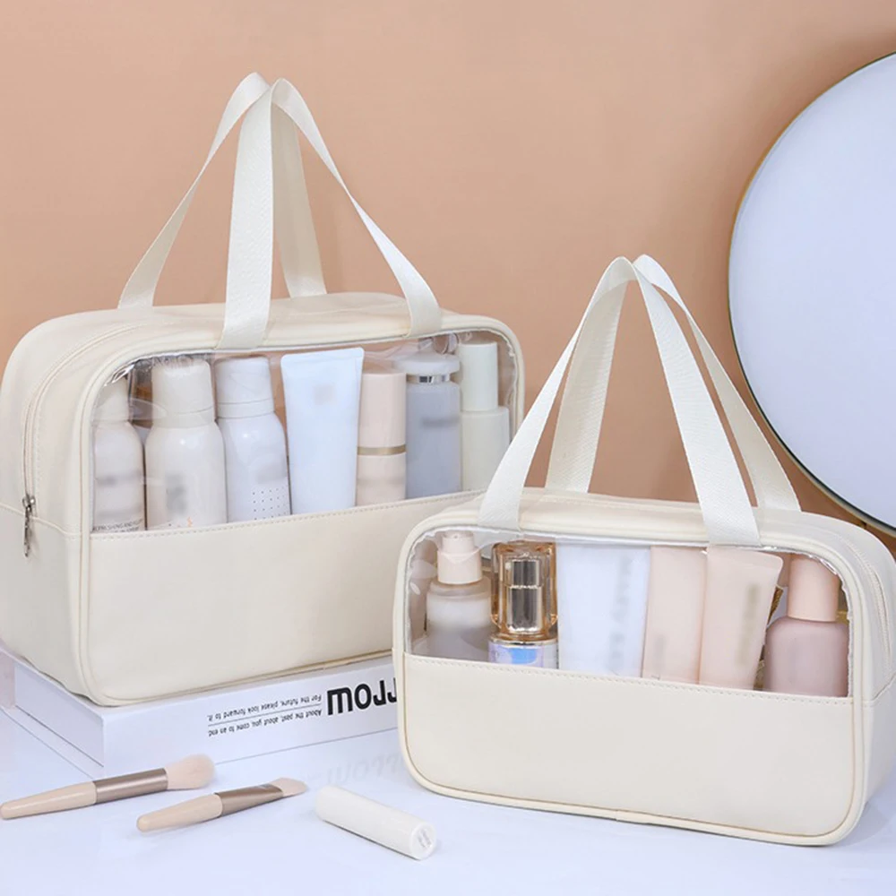 New Summer Beige Transparent Waterproof Makeup Bag Travel Wash Storage Bag Portable Fitness Swimming Handbag PVC