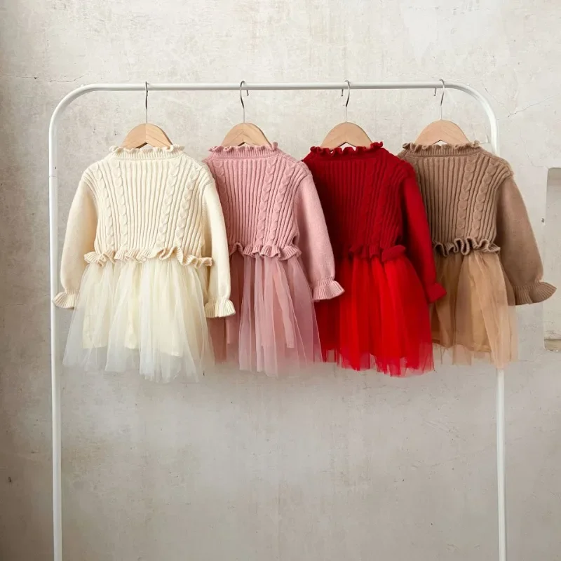 HoneyCherry Girls Knitted Mesh Dress Autumn and Winter Sweater Princess Dress Flower Girl Dresses Girl Clothes