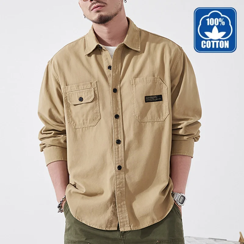 

Spring Fashion Men's 100% Cotton Vintage Shirts Dual Pockets Long Sleeve Loose Casual Cargo Blouses Asymmetrical Daily Tops