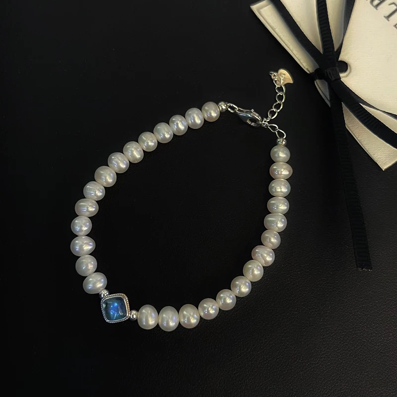 Shiny and Glittering Natural Aquamarine 925 Silver Temperament Bracelet Gift with 3-4mm Real Pearls and Small Pieces of Silver