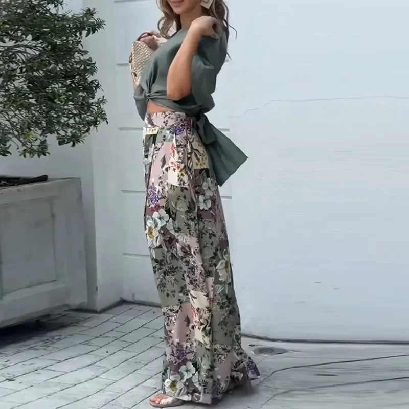 Elegant Floral Print Two Piece Outfits Sexy Lady Twist Knot Belt Tops Shirt& Pleat Pants Sets 2023 Women Half Sleeve Loose Suit