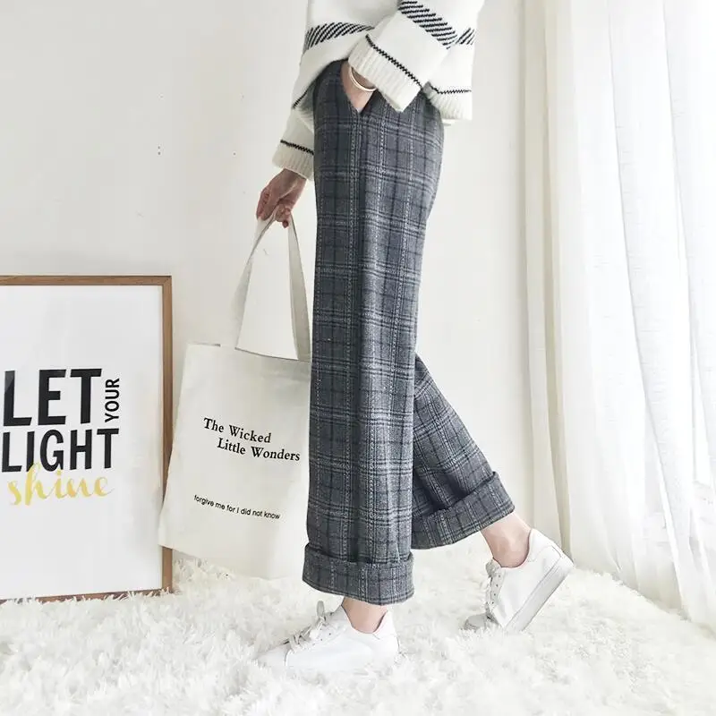 Loose Straight Plaid Wide Leg Pants Female Autumn Winter Fashion Preppy Style Pockets Casual High Waist Trousers Women Clothing