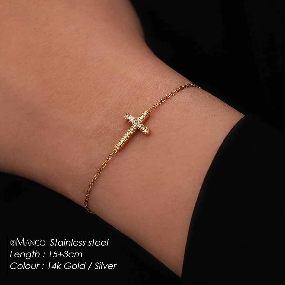 EMANCO Gold Color Stainless Steel Delicate Link Bracelet with CZ Cross Pendant Minimalist Style for Everyday Wear Jewelry