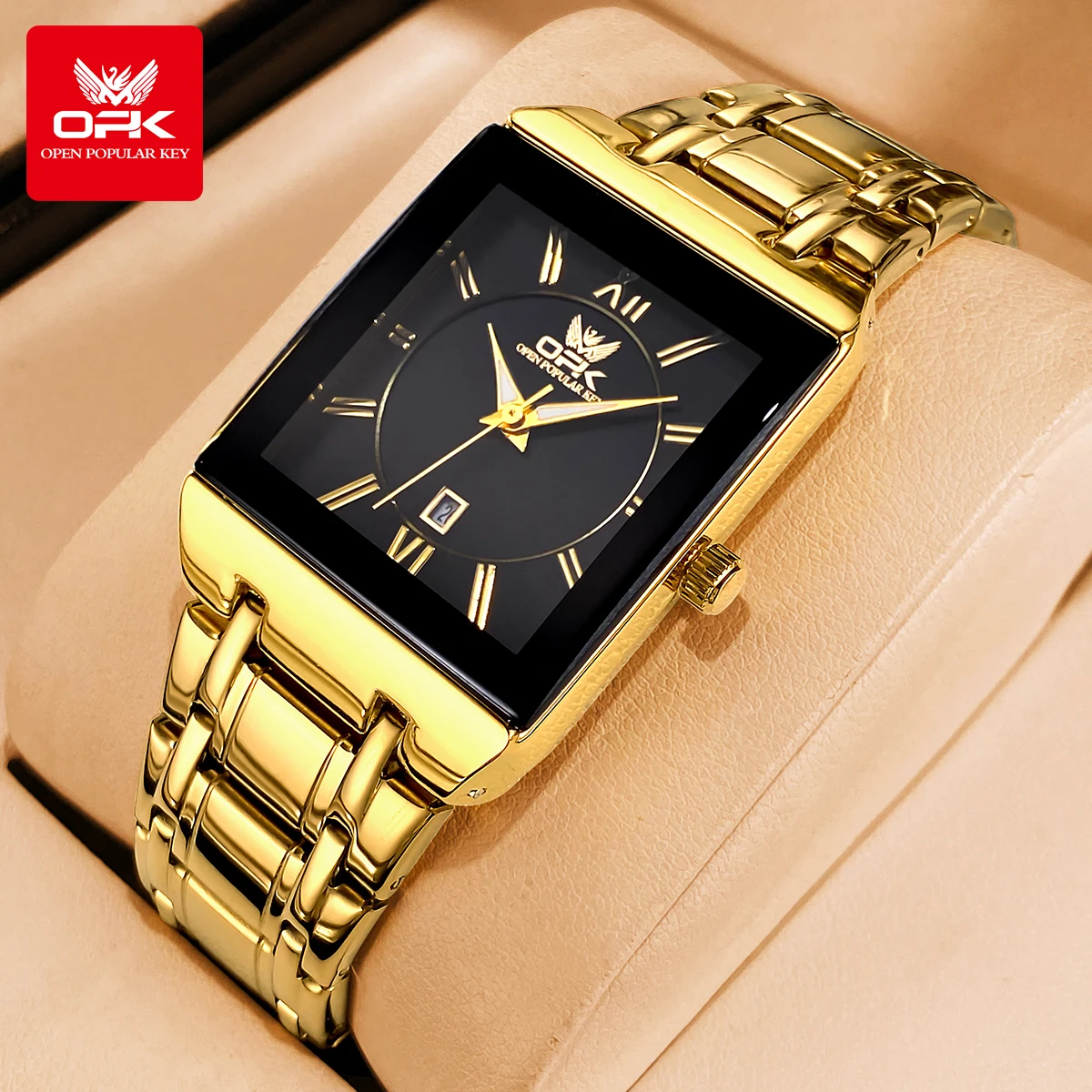 OPK 8156 Mens Watch Original Quartz Watch Automatic Date Watch For Man Waterproof Luminous  Watch Simple Scale Square Watch Box