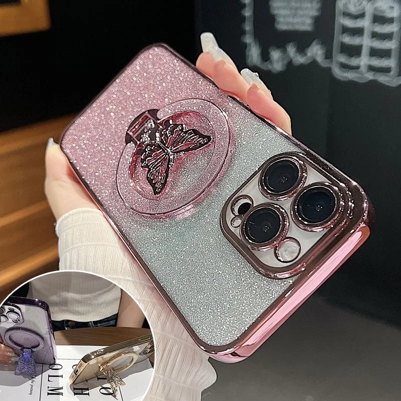 Glitter Butterfly Ring Stand Phone Case For Xiaomi Mi Poco X6 X5 X3 NFC X4 GT M6 Plus M5S M4 M3 F6 F5 F4 F3 F2 Pro 4G 5G Cover