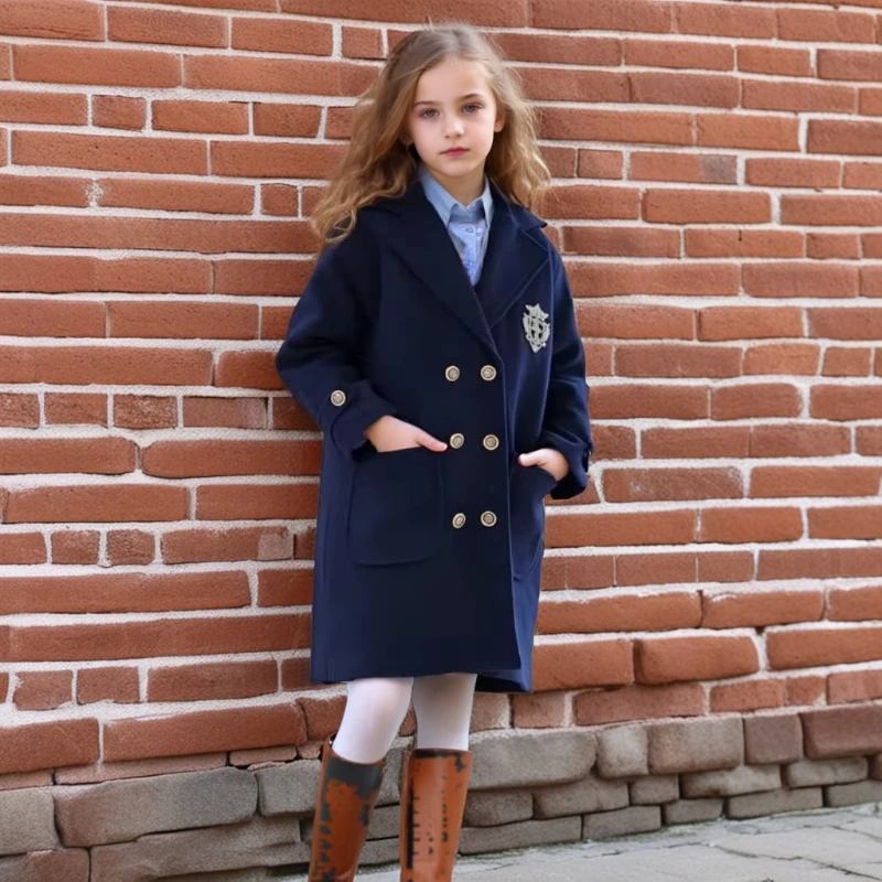 Winter Girls Outerwear Preppy Style Casual All-match Navy Mid-length Wool Coat for Kids Thick Warm Teens Children School Jacket