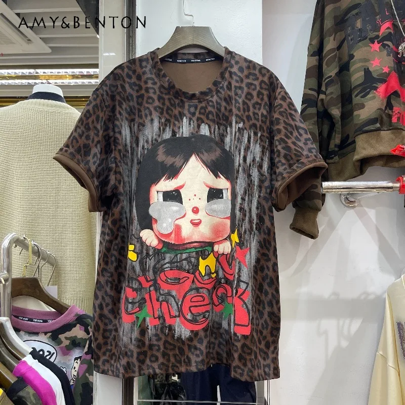 

Autumn O-Neck Cartoon Girl Short Sleeved Top Loose Fit Belly Covering Oversized Tees Women's Autumn Versatile Kawaii Y2k T-shirt