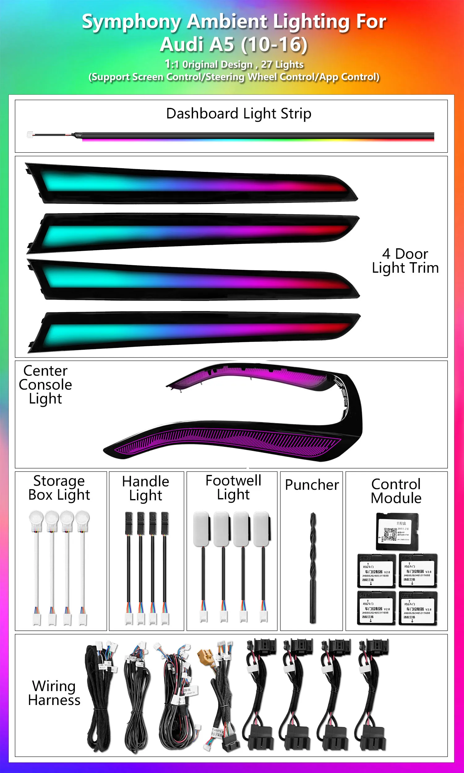 ICarsin Dynamic 64 Colors Ambient Light for   A5 B8 Sportback 2007-2016 Car Interior LED Lighting Trim Upgrade Accessories