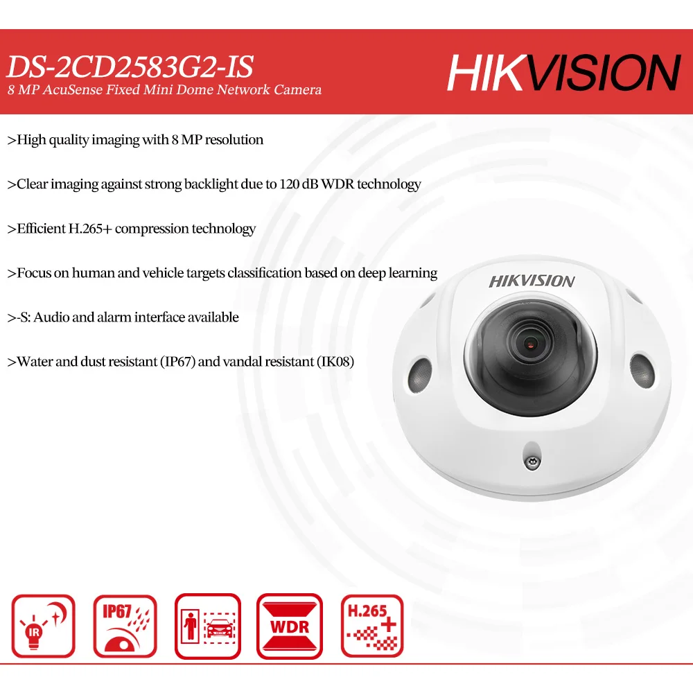 Imagem -05 - Hikvision Original Ds2cd2583g2-is mp Acusense Classificação Humana e Veículo Fixo Mini Dome Câmera de Rede Alarme i o Ip67 Ik08