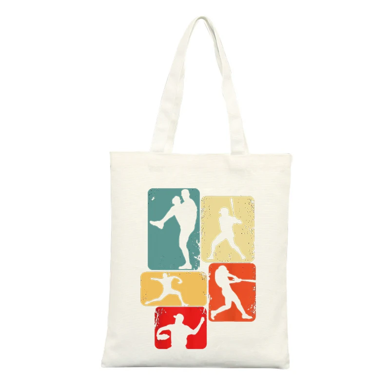 Baseball Fan Canvas Tote Bag with Player Silhouette Graphics, Retro Style for Casual Outings and Game Days