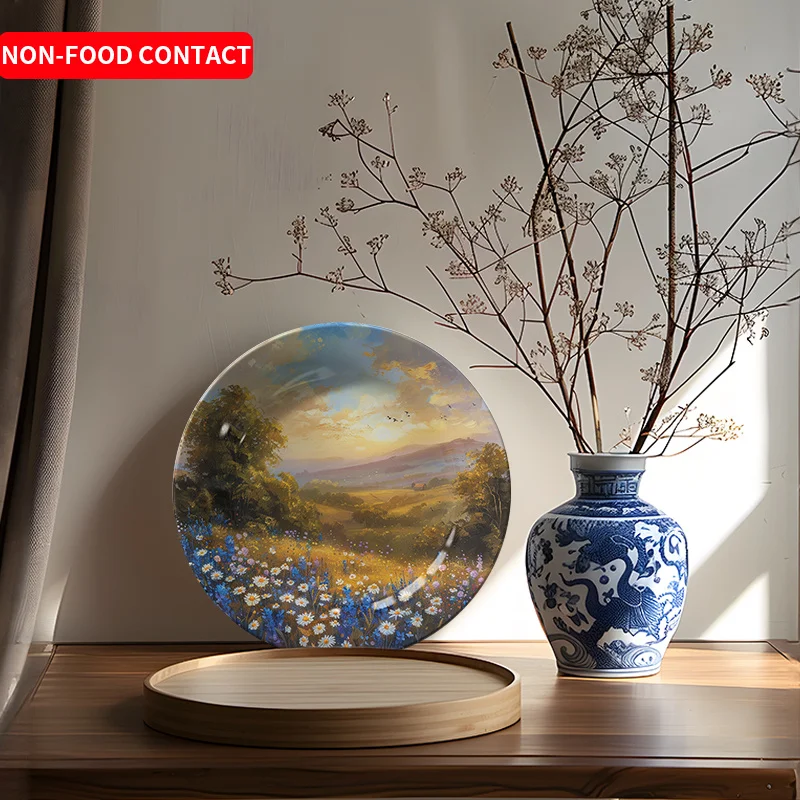 1pcCountry Style Daisy Floral Round Ceramic Decorative Plate Hand Painted Wall Art Hanging Dish for Home Decor Non-Food