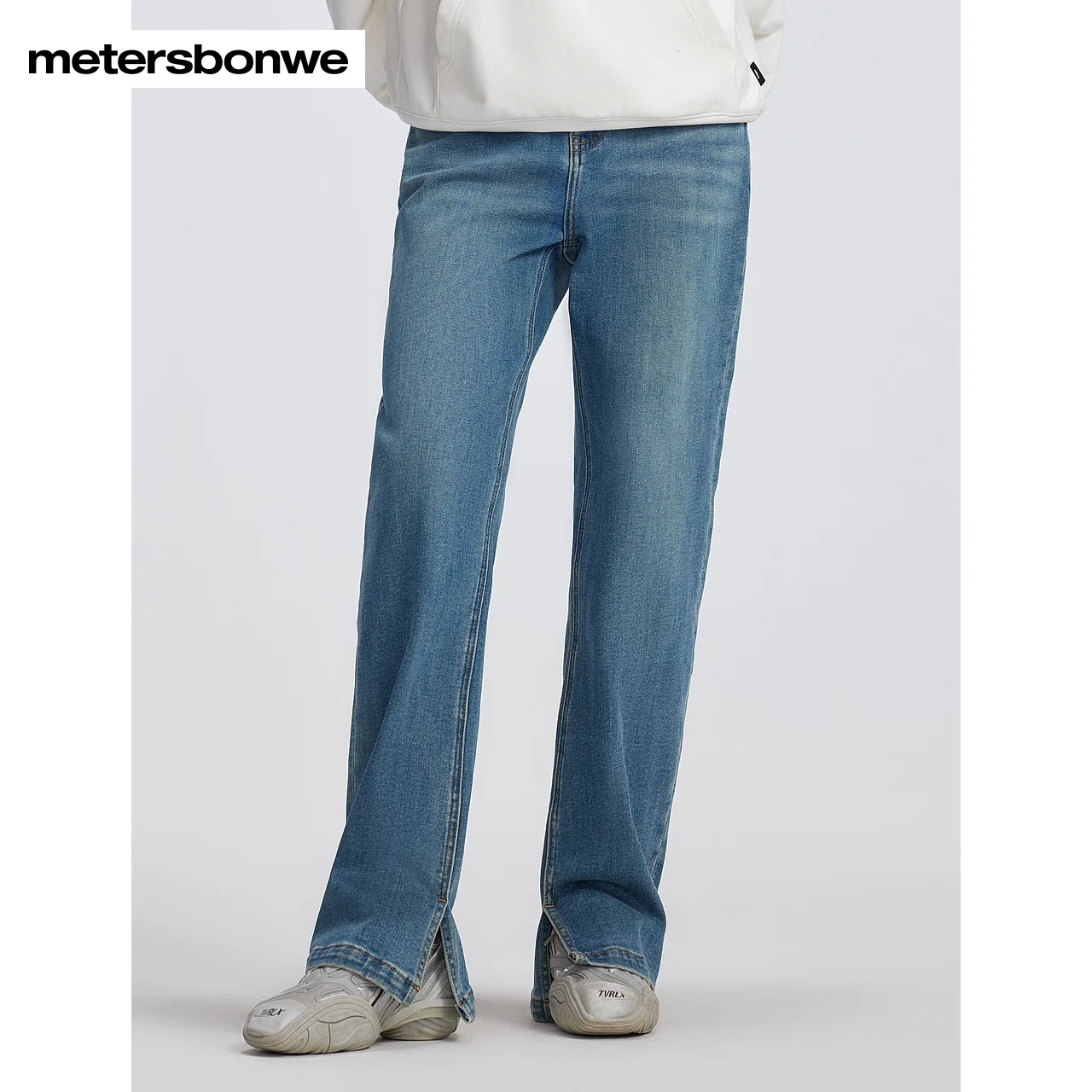 Metersbonwe-Women's Stretch Fleece Thick Warm Soft Jeans Slim Straight Leg Denim Pants Waist Two Button Stylish High Quality