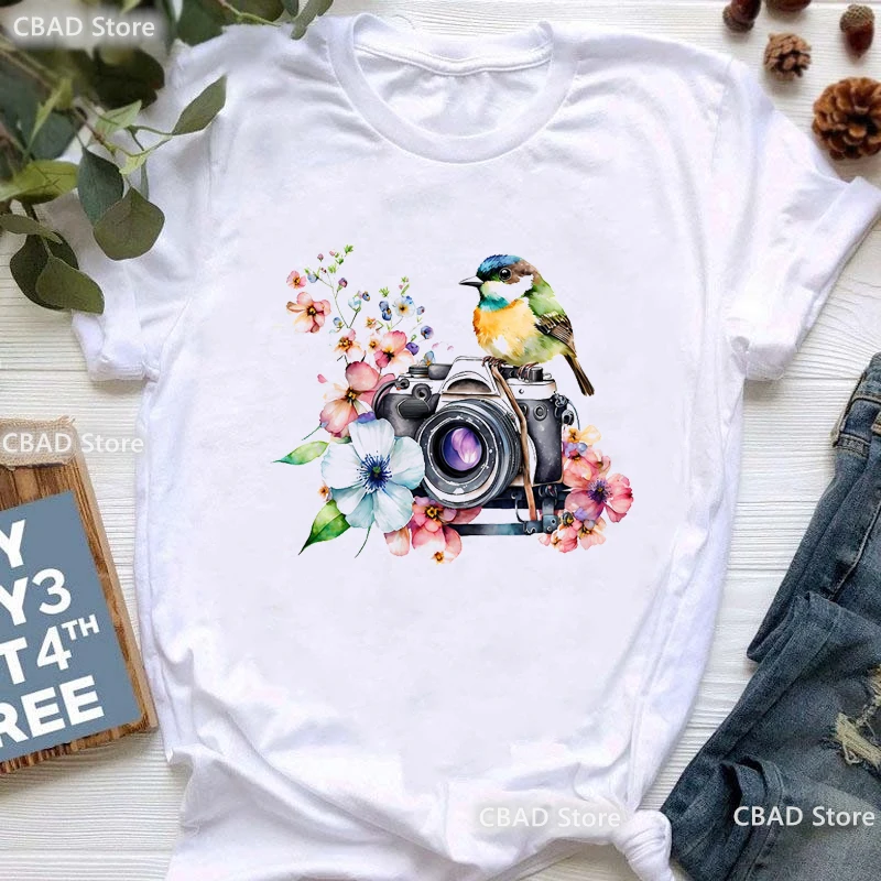 Cockatoo Parrot Camera Print Tshirt Girls Kawaii Birds Flowers T Shirt Women'S Clothing Summer Short Sleeve T-Shirt Female Tops