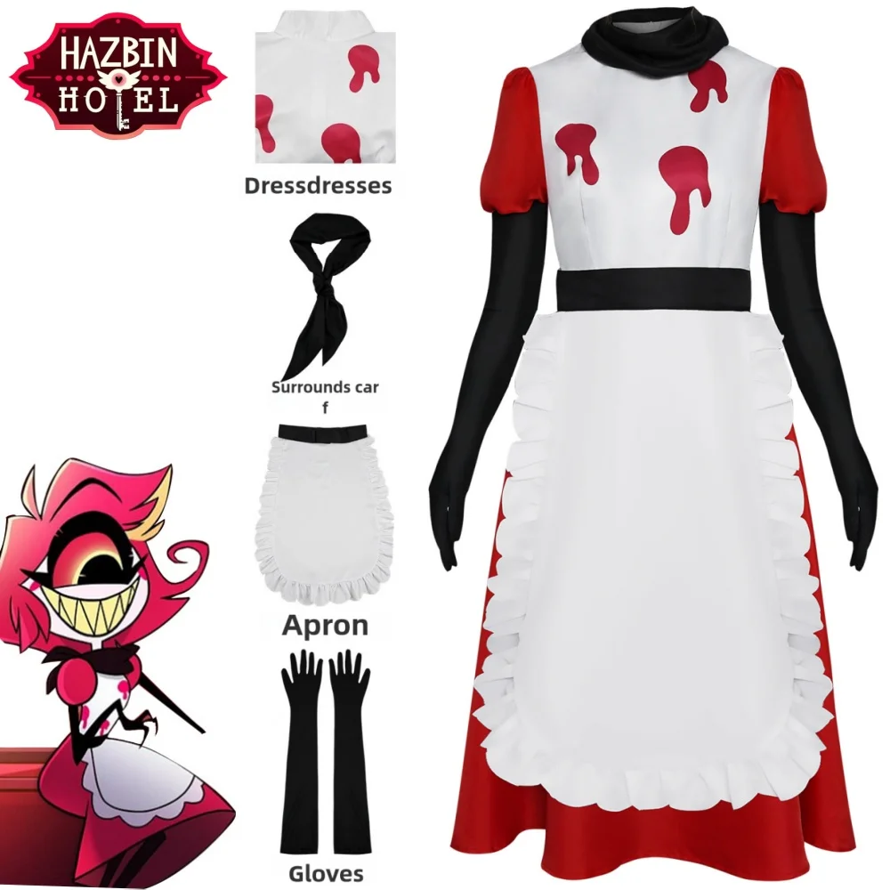 

Anime Hazbin Cosplay Costume pour femme, hôtel Alastor Blitzo, perruque rayée rouge trempée, Charlie Millie Angel Dust, uniforme