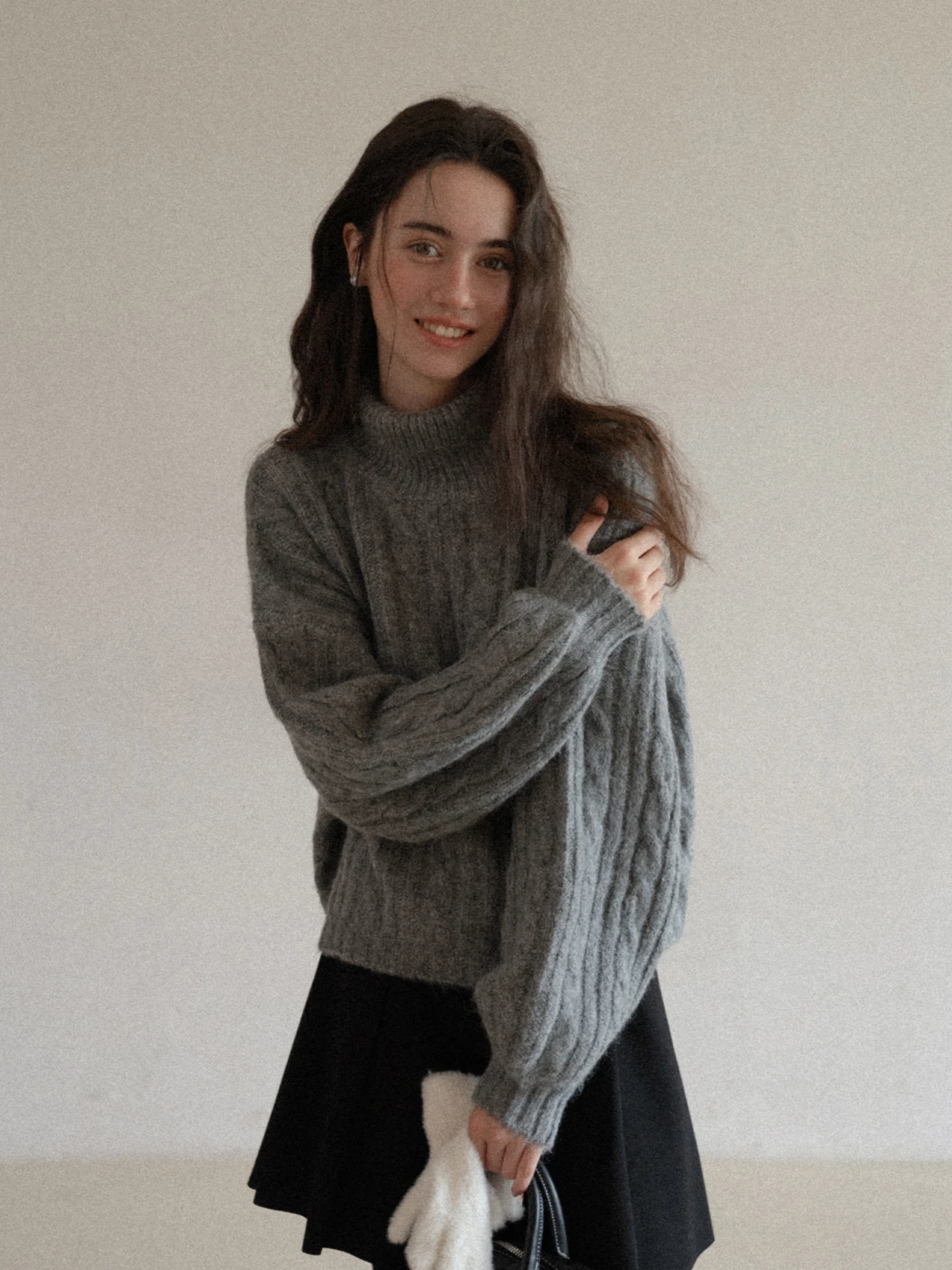 

Loose Casual High Collar Knitted Sweater Women's Sle Eggka Flower ey Twist Polyester Fiber Long Sve Casual Top