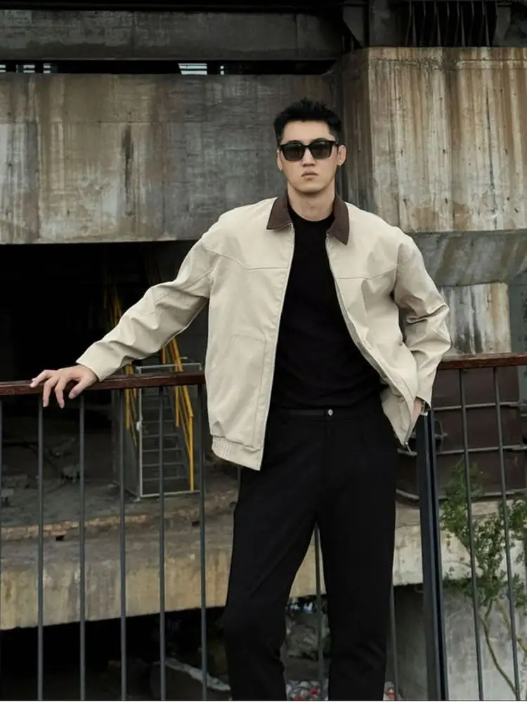 

Ретро-куртка в рабочем стиле с воротником, мужская, цвета хаки, уникальный дизайн, повседневный топ на молнии, приталенный крой, молодежная модная модель