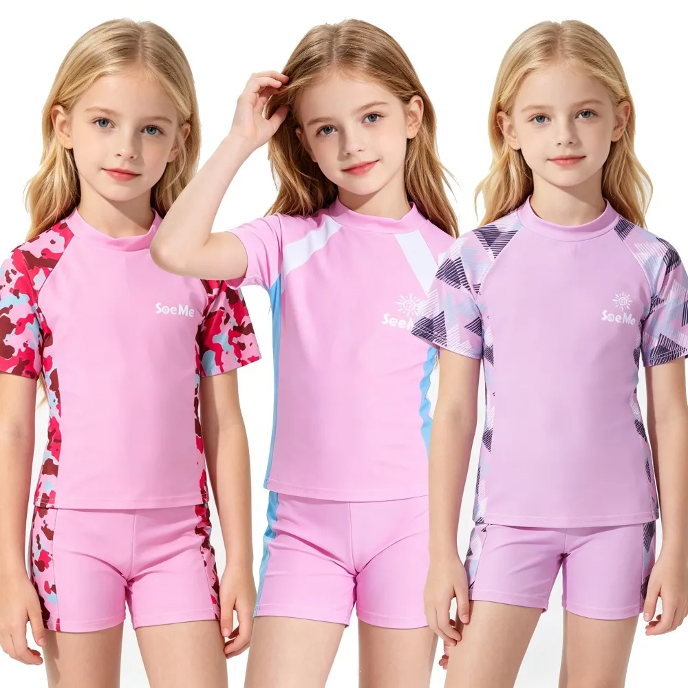 

2Pcs Girls Swimsuit Sun Protection Kids Split Rash Guard Set Short Sleeve Camouflage Print Quick Dry Swimwear Child Beach Pool