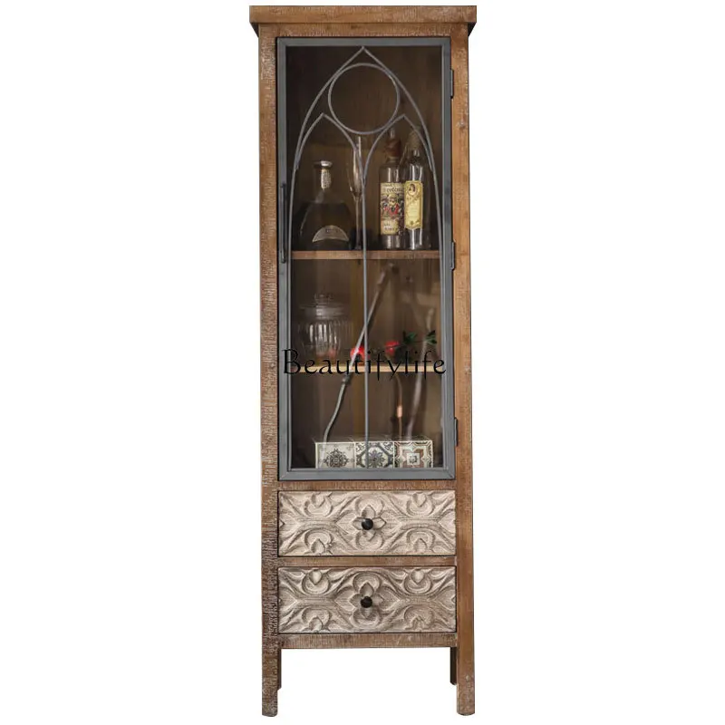 

American wall side cabinet, old solid wood dining side integrated wall household glass decorative cabinet