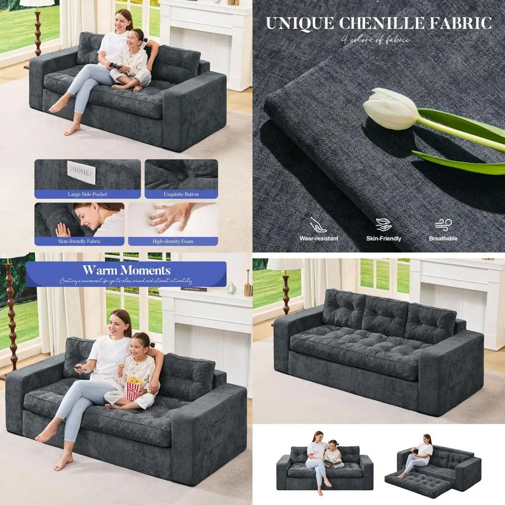 

Диван-кровать 2-в-1 Comfort Cloud, большой диван для гостиной, спальни или офиса (сине-серый, 3-местный)