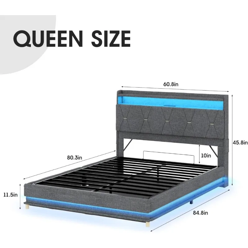 

Queen Size Upholstered Storage Bed Frame with Lift Up Base LED Headboard Charging Station Dark Grey No Box Spring Needed