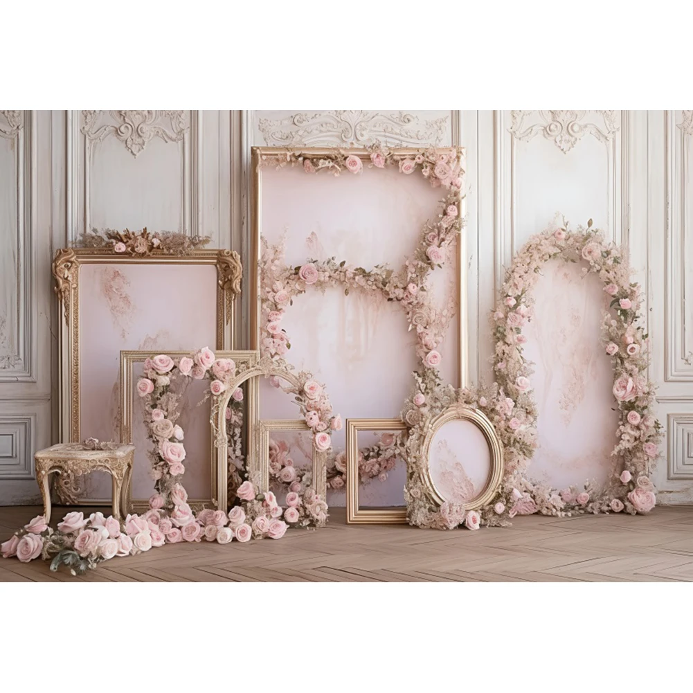 Laeacco Retro Elegant European Classic Wall Backdrop Interior Pink Flower Wedding Birthday Party Portrait Photography Background