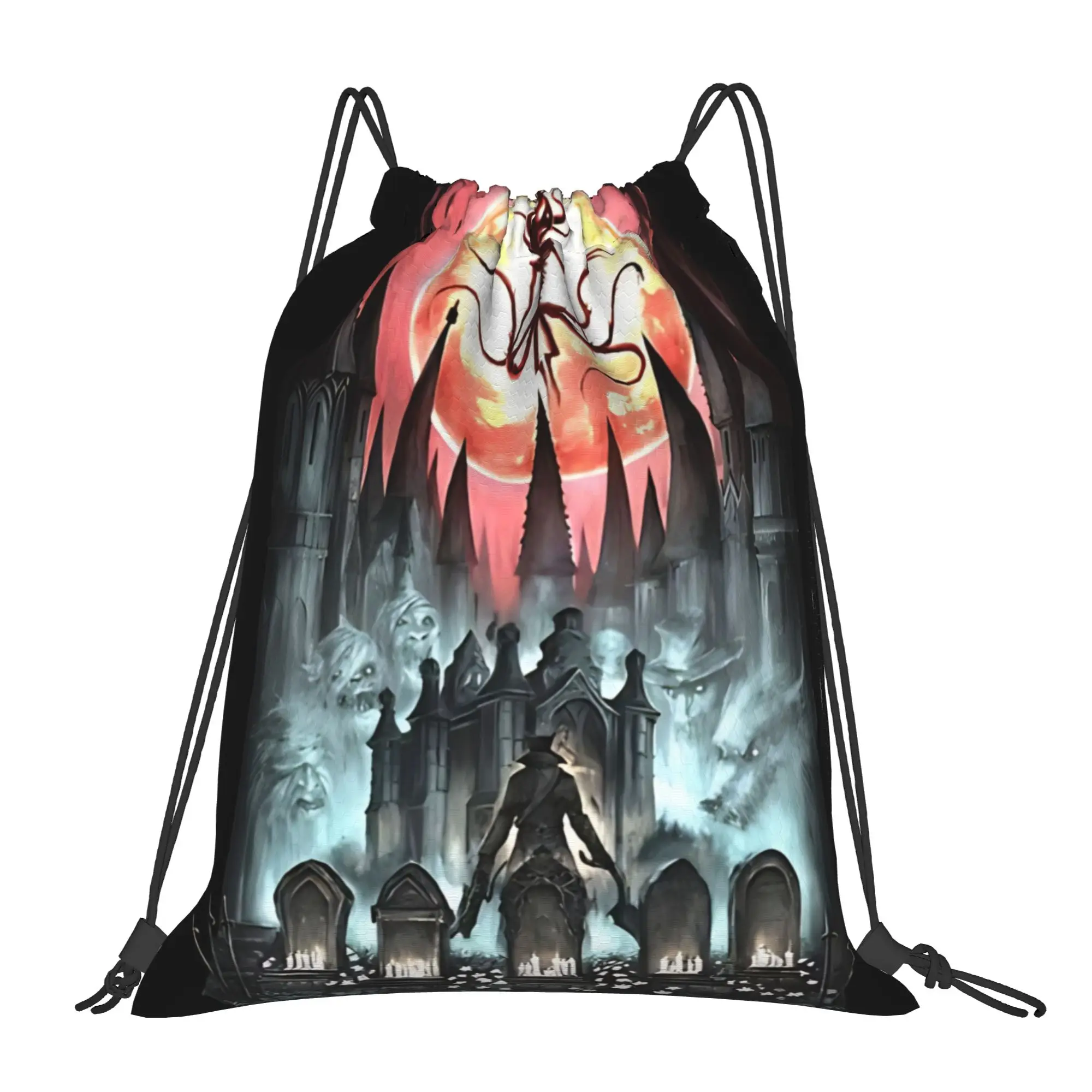 Bloodborne Dark Fantasy Hunter Portable Hiking Riding Gym Drawstring Storage Sporty Backpacks