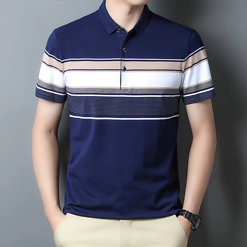 2024new Summer Fashion High Quality All Cotton Stripe Thin Lapel Short Sleeve Top Versatile Business Casual Men\'s Polo Shirt