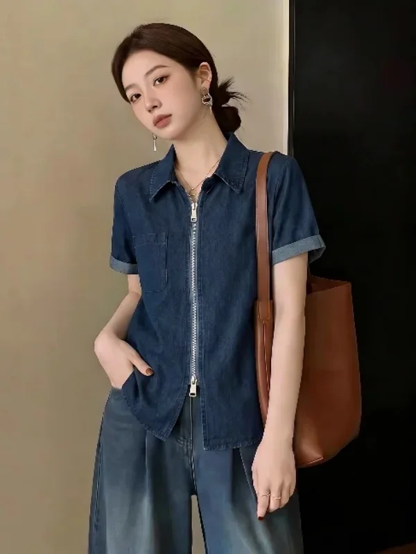 

Salt Series Retro Street Style Thin Denim Short Sleeve Zipper Shirt Women's Summer New plus Size Big MM Regular Shoulder Kore...