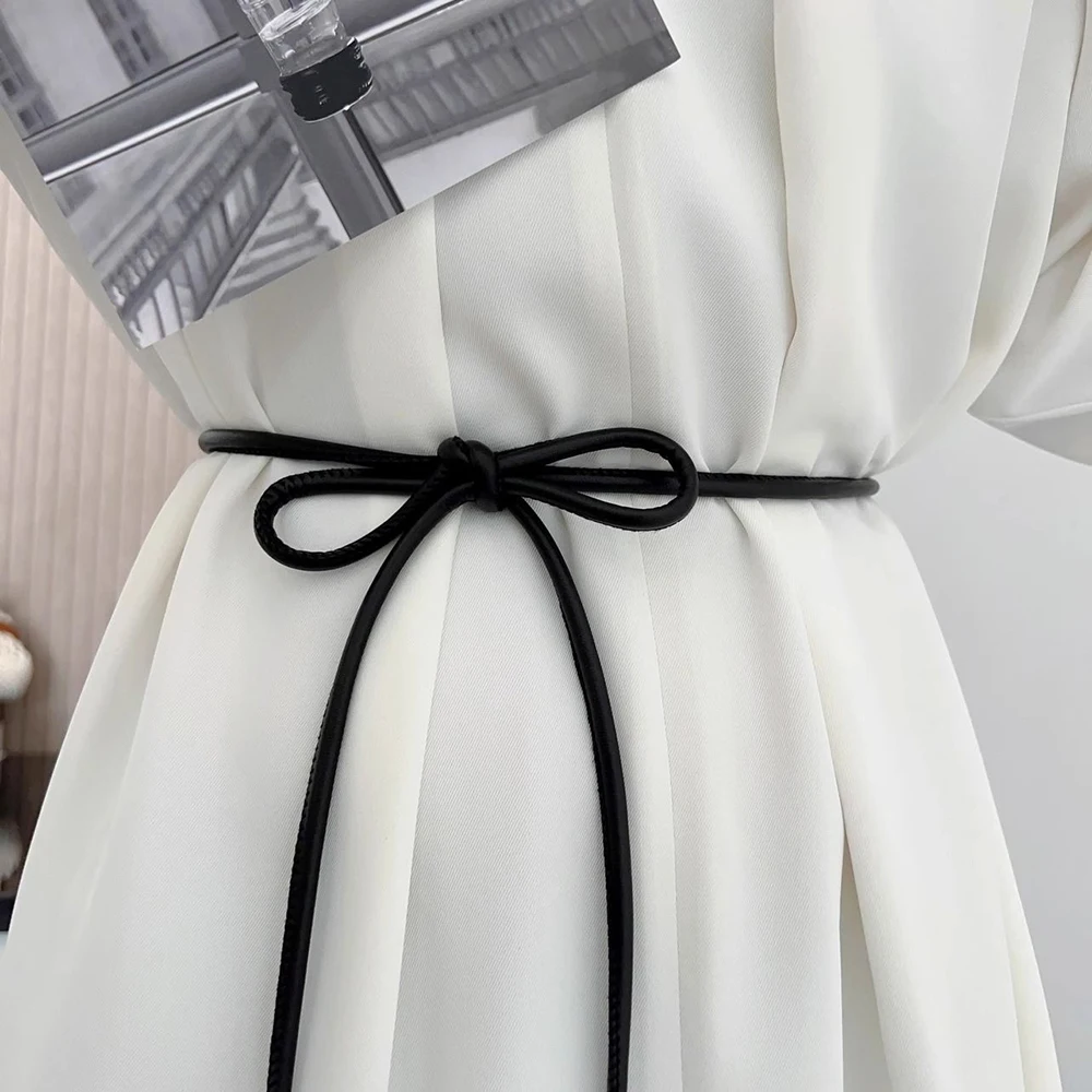 New Long Thin Waist Belt Pu Leather Bow Knotted Slim Waist Strap for Dresses Solid Color String Waistband Clothes Accessories